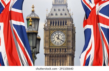 Big Ben In London And English Flag