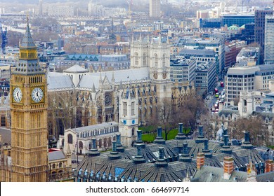 Big Ben And London Old City Center, United Kingdom. Aerial View           