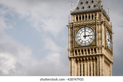 Big Ben, London, UK. A view of the popular London landmark, the clock tower known as Big Ben, showing 3pm as the time set against a blue and cloudy sky.