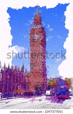 Big Ben in London UK. Watercolor painting digital illustration.