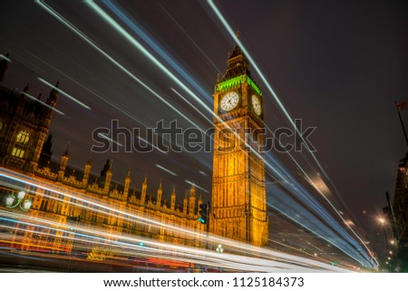 Big Ben at night with long exposure traffic light trails