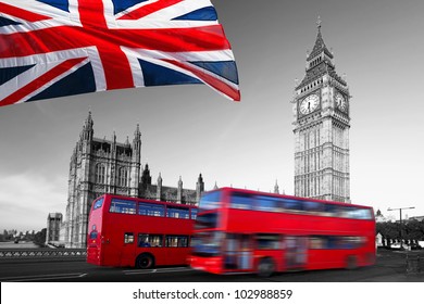Big Ben with red double-decker in  London, UK