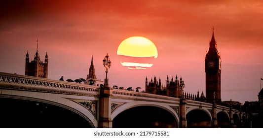 Big Ben And Shining Orange Sun Heat Wave In London