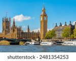 Big Ben tower of Houses of Parliament and Westminster pier, London, UK