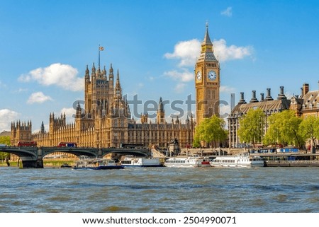 Big Ben tower of Houses of Parliament and Westminster bridge, London, UK