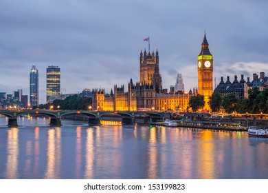 Big Ben and Westminster Bridge at dusk, London, UK