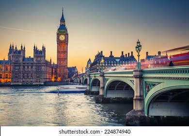 Big Ben and Westminster bridge at dusk - Shutterstock ID 224874940