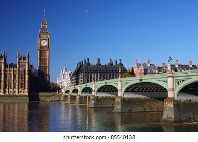 Big Ben and Westminster Bridge in London - Shutterstock ID 85540138