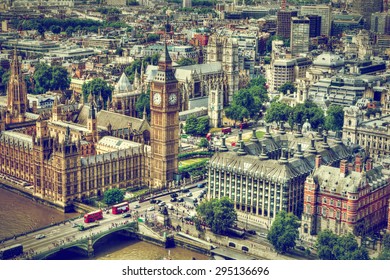 Big Ben, Westminster Bridge On River Thames In London, The UK. English Symbol. Aerial View