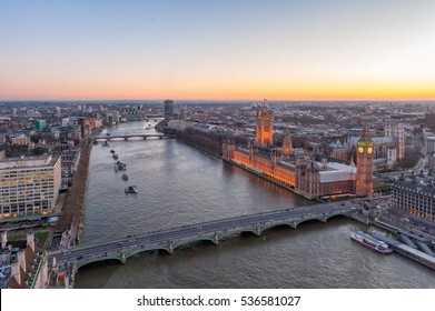 Big Ben, Westminster Bridge On River Thames In London, The UK. English Symbol. Aerial View