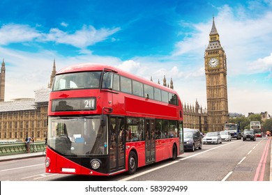 Big Ben, Westminster Bridge and red double decker bus in London, England, United Kingdom