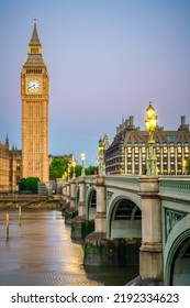 Big Ben And Westminster Bridge At Sunrise In London. England