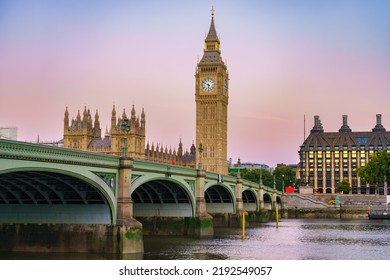 Big Ben And Westminster Bridge At Sunrise In London. England