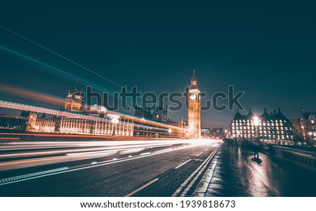 Big Ben and Westminster Bridge with traffic at rush hour, London, United Kingdom