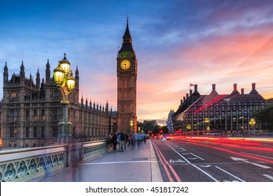 Big Ben and Westminster in London at sunset.