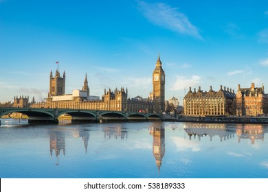 Big Ben and Westminster parliament with colorful sky and water reflection