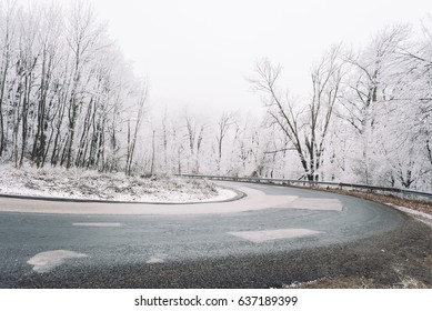 Big Bend In Snowy Forest Road Surrounded With Bare Trees Covered With Snow