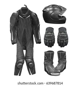 Big Bike Leather Jacket, Gloves, Trousers, Helmets, Boots Set Of Motorcycle Safety Kit Isolated On White Background. This Has Clipping Path.
