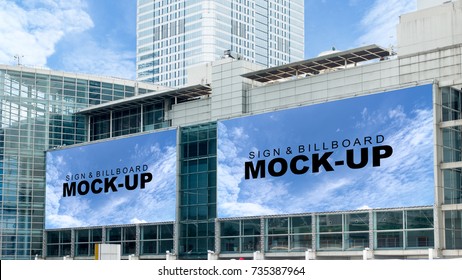 A Big Billboard Mockup For Advertisement On The Top Of Modern Building With Clipping Path
