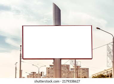 Big Billboard Mockup On City Background With Apartment Building. Outdoor Advertising Poster. High Quality Photo