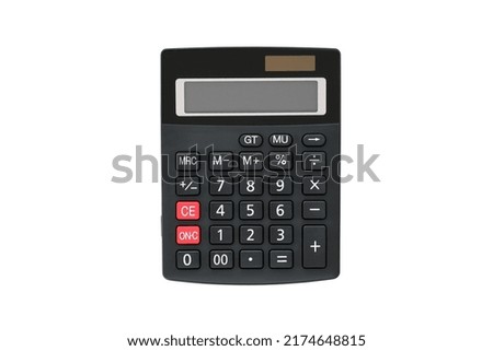 Big black rectangular calculator with solar panel and two red buttons isolated on white background