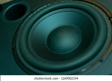 Big Black Subwoofer Speaker With Bass Reflex Close Up