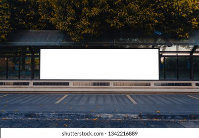 Big Blank Billboard White LED Screen Horizontal Outstanding In The Park At City On Pathway Walking At Side The Road For Display Advertisement Text Template Promotion New Brand At Outdoor Ad.