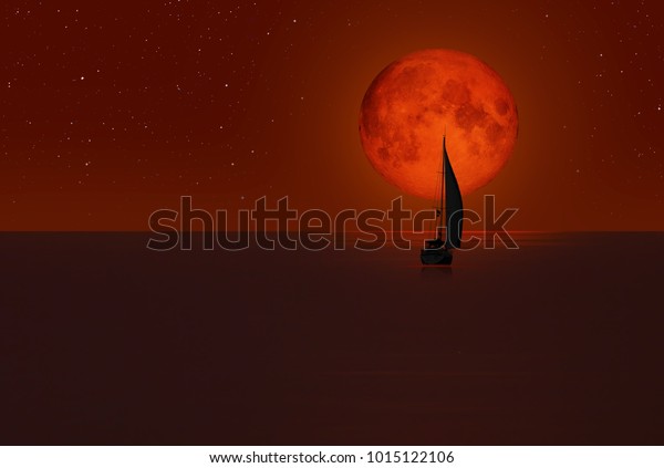 Big bloody red moon with lone\
yacht- Lunar eclipse \