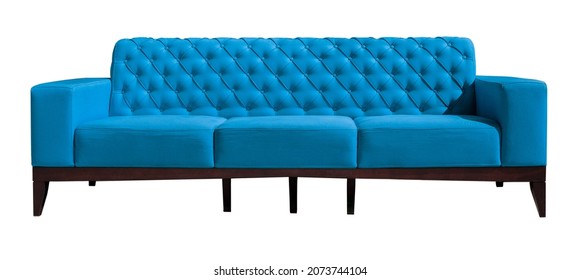 Big Blue Sofa On Wooden Legs On White Background. Upholstered Furniture For The Living Room. Blue Couch Isolated