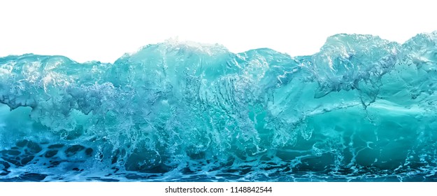 Big blue stormy sea wave isolated on white background. Climate nature concept. Front view.