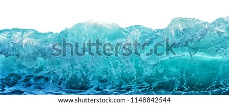 Big blue stormy sea wave isolated on white background. Climate nature concept. Front view.