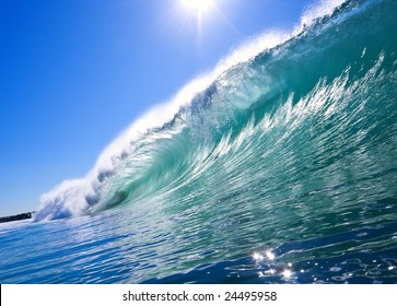 Big Blue Wave With Sun And Clear Sky, Epic Surf