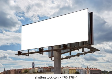 Big board with city panorama and blue sky with clouds. Place for marketing and business communication with beautiful  view.