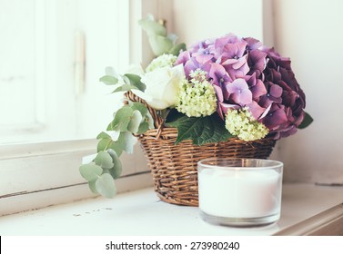 Big Bouquet Of Fresh Flowers, Purple Hydrangeas And White Roses In A Wicker Basket On A Windowsill, Home Decor, Vintage Style