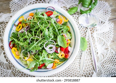 A Big Bowl Of Fresh Salad. Top View, Selective Focus.