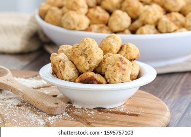 Big Bowl Of Sausage Balls For A Holiday Party. Large Tray Of Food.