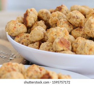 Big Bowl Of Sausage Balls For A Holiday Party. Large Tray Of Food.