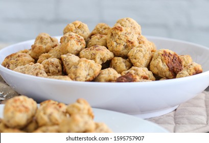 Big Bowl Of Sausage Balls For A Holiday Party. Large Tray Of Food.