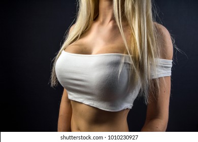 Big breasts in black bra from above / Woman with big breasts / Female sexy breast
