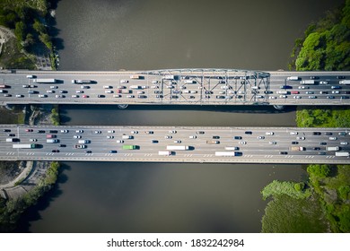 Big Bridge Over Coast. Traffic Jam. Two Separate Parallel Ways. Asphalt.