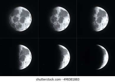 Big bright detailed full super moon surface close up with different moon phases from waxing to waning crescent and gibbous to new moon and first and last quarters