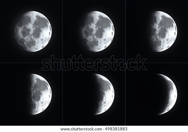 Big bright detailed full\
super moon surface close up with different moon phases from waxing\
to waning crescent and gibbous to new moon and first and last\
quarters