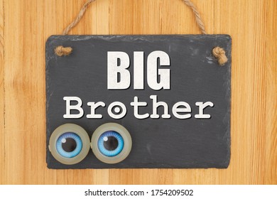 Big Brother Privacy Concerns Type Message On Hanging Chalkboard Sign With Eyes On Wood