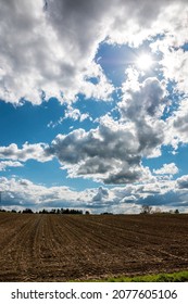 Big brown fields of fertile soil and the blue sky with white clouds