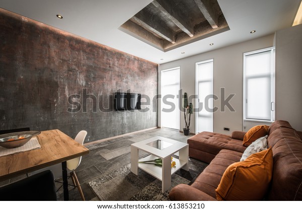 Big Brown Leather Sofa Living Room Stock Photo Edit Now