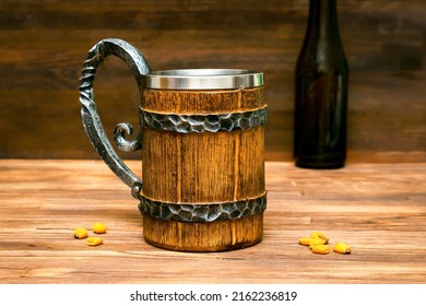 Big Brown Mug Of Beer,ale Bottle And Crispy Snacks, Pretzels, Corn, Nuts In Bowl On Wooden Table, Background Close Up. Alcohol Cocktail, Bar Drink, Booze Party Concept.mockup, Template, Copy Space.