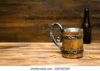 Big Brown Mug Of Beer,ale Bottle And Crispy Snacks, Pretzels, Corn, Nuts In Bowl On Wooden Table, Background Close Up. Alcohol Cocktail, Bar Drink, Booze Party Concept.mockup, Template, Copy Space.