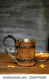 Big Brown Mug Of Beer,ale And Crispy Snacks, Pretzels, Corn, Nuts In Bowl On Wooden Table, Background Close Up. Alcohol Cocktail, Bar Drink, Booze Party Concept.mockup, Template, Copy Space