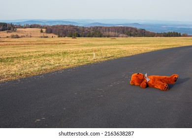 big brown teddy bear lying abandoned on the street