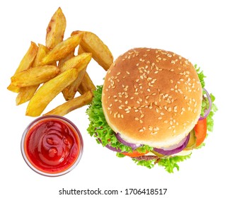 Big  Burger With French Fries Isolated On White Background. Top View.